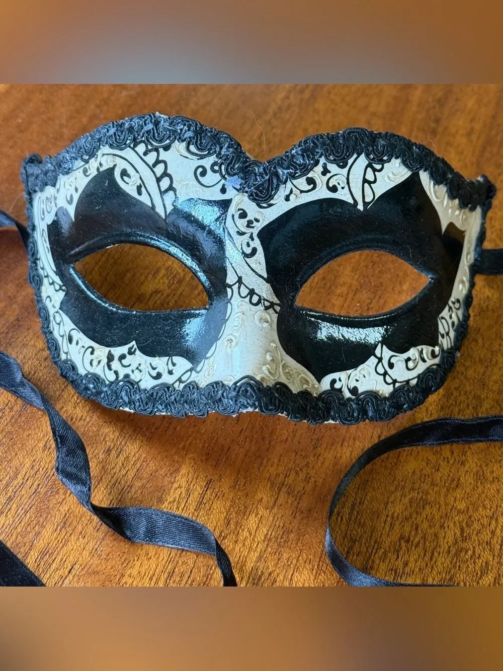 Italian Back and Cream Hand Made and Decorated Venetian-style Carnival Eye Mask